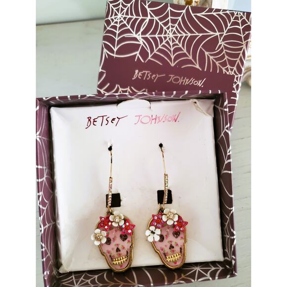 Betsey Johnson Floral Skull Dangle Earrings - Picture 7 of 7